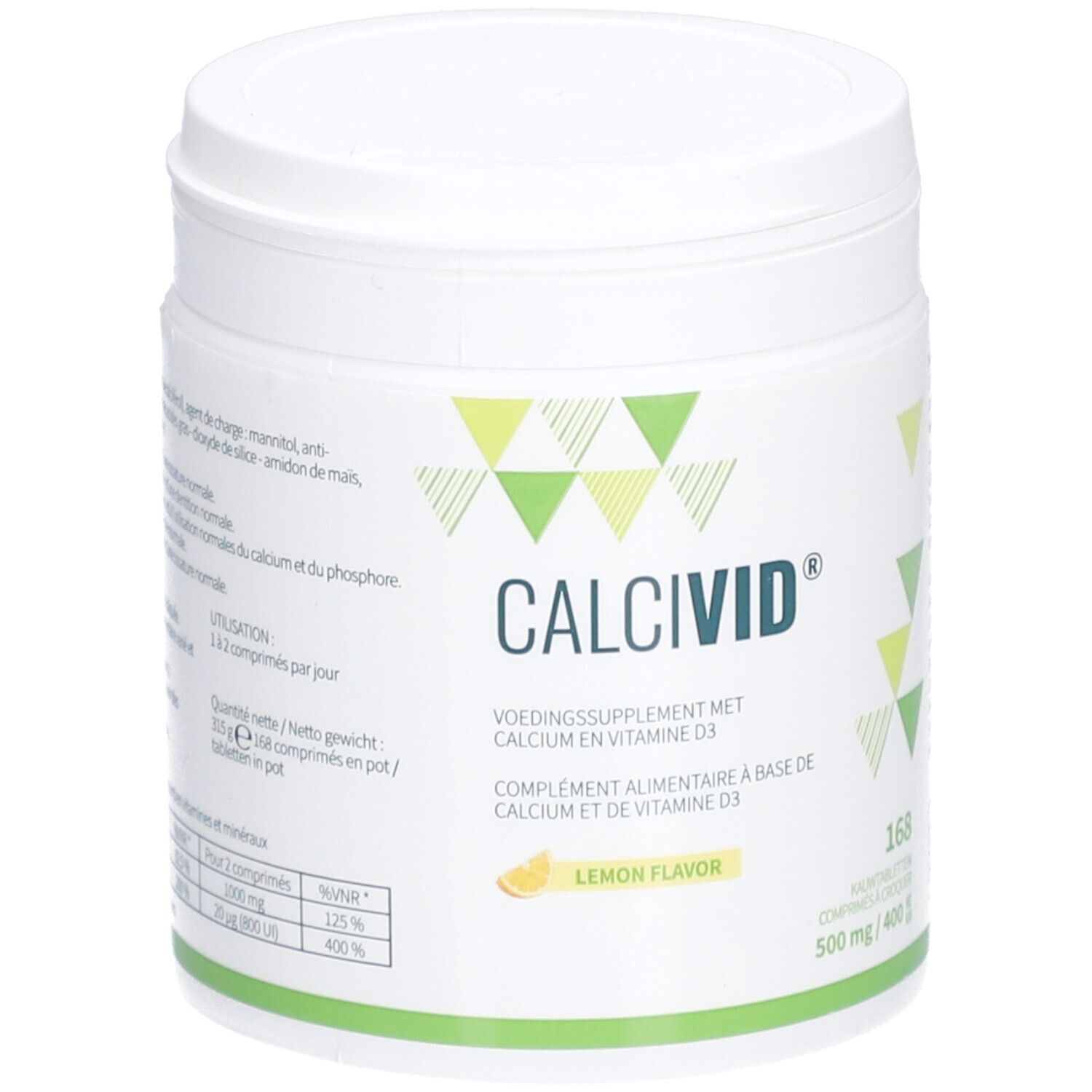 Pot CALCIVID® blanc, accents verts. Contient 168 comprimés, 500 mg/400 UI. Goût citron.