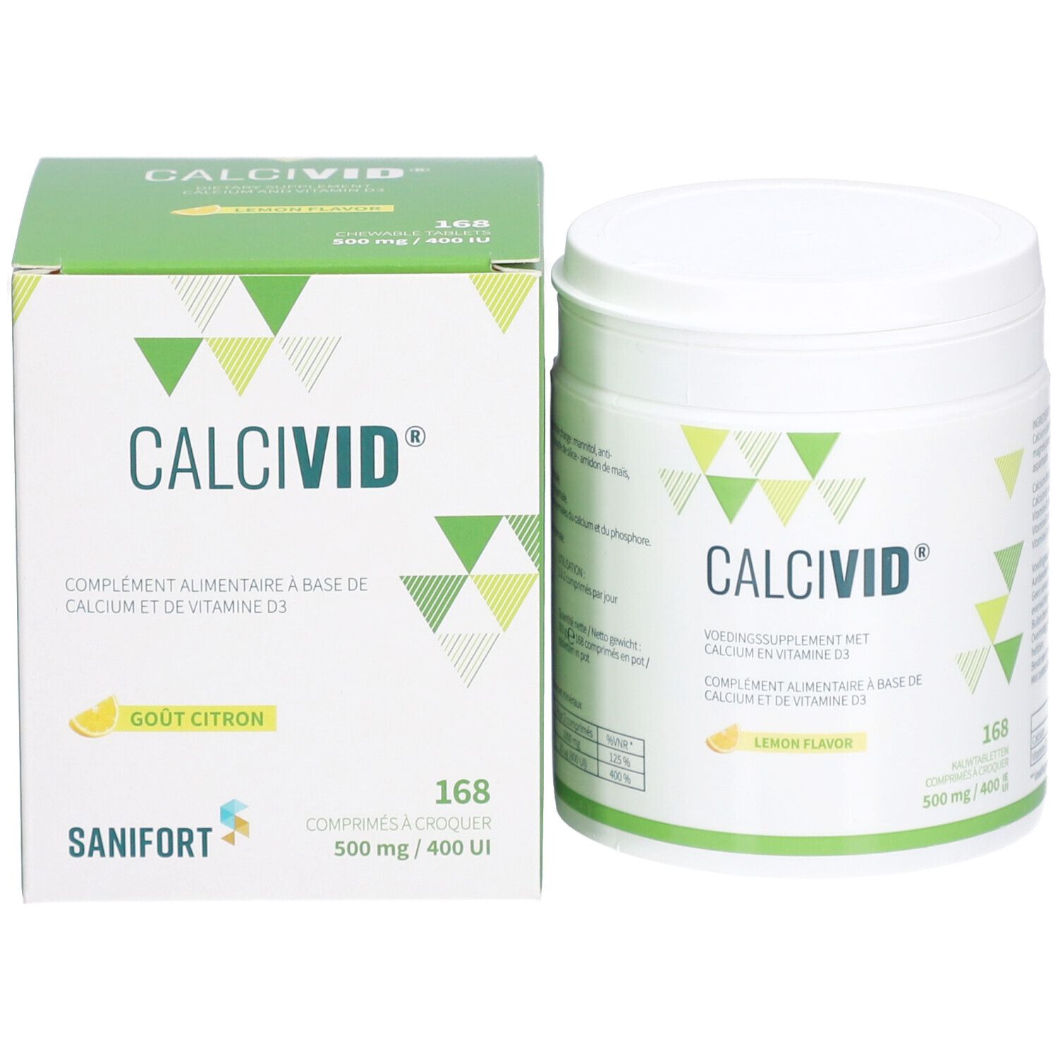 Boîte et pot CALCIVID®. Boîte verte et blanche. Contient 168 comprimés, 500 mg/400 UI.