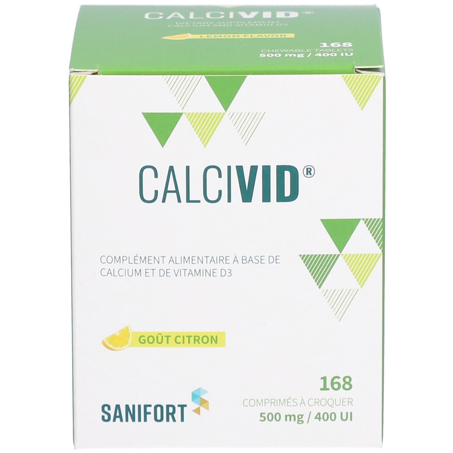 Boîte CALCIVID®. Boîte verte et blanche. Contient 168 comprimés, 500 mg/400 UI. Goût citron.