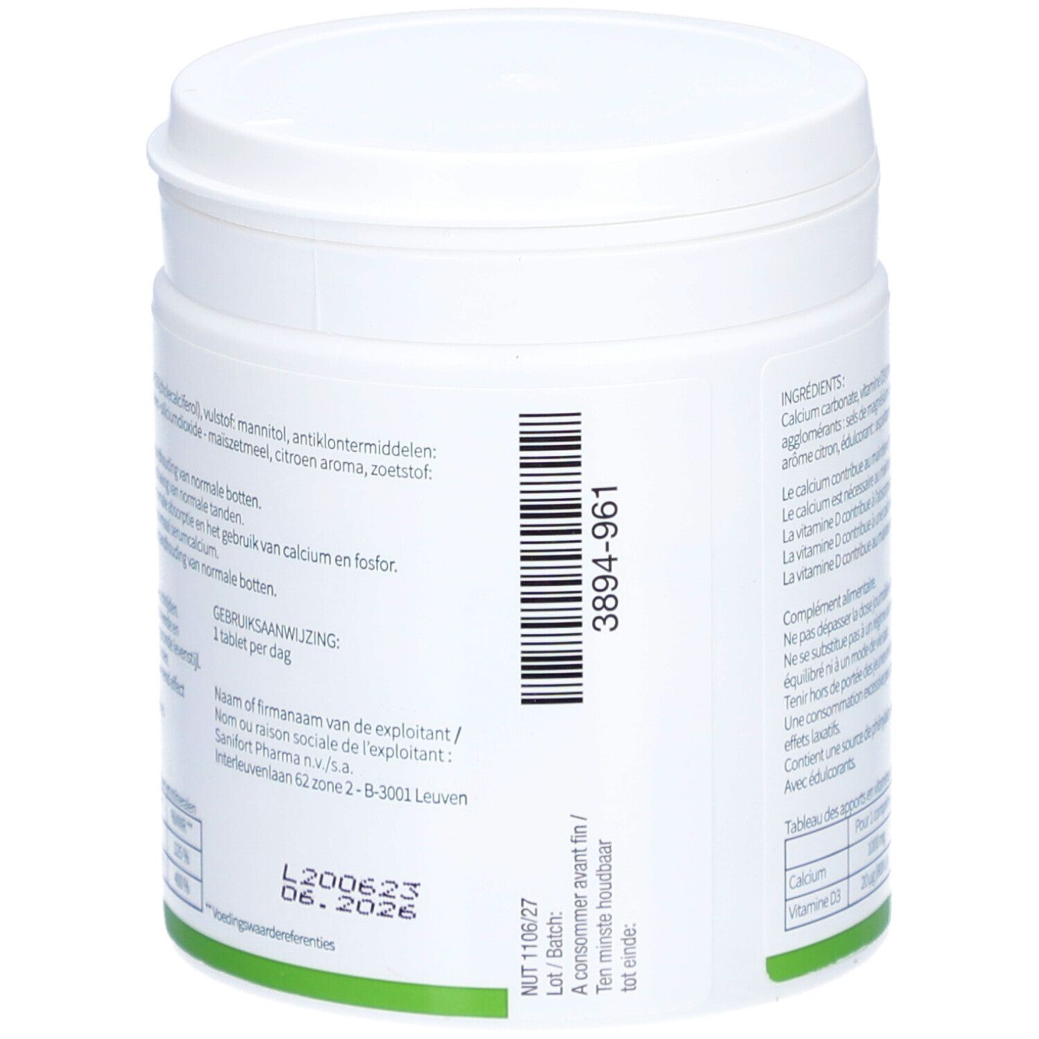 Dos du pot blanc. Code-barres et informations. CALCIVID®.