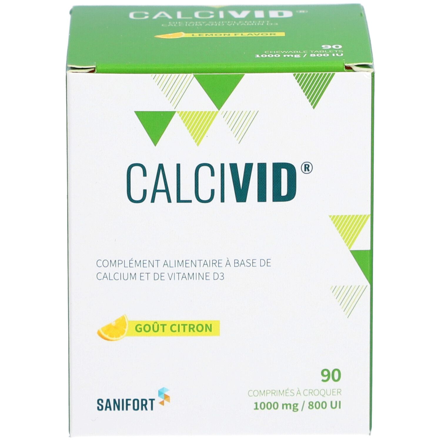 Boîte CALCIVID®. 90 comprimés, 1000 mg/800 UI. Goût citron. Contient vitamine D3.