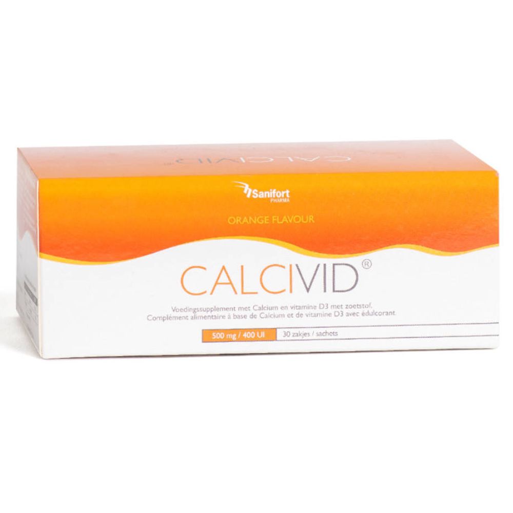 Boîte de Calcivid 500 mg / 400 UI Orange. Carton orange avec nom du produit et informations. 30 sachets.