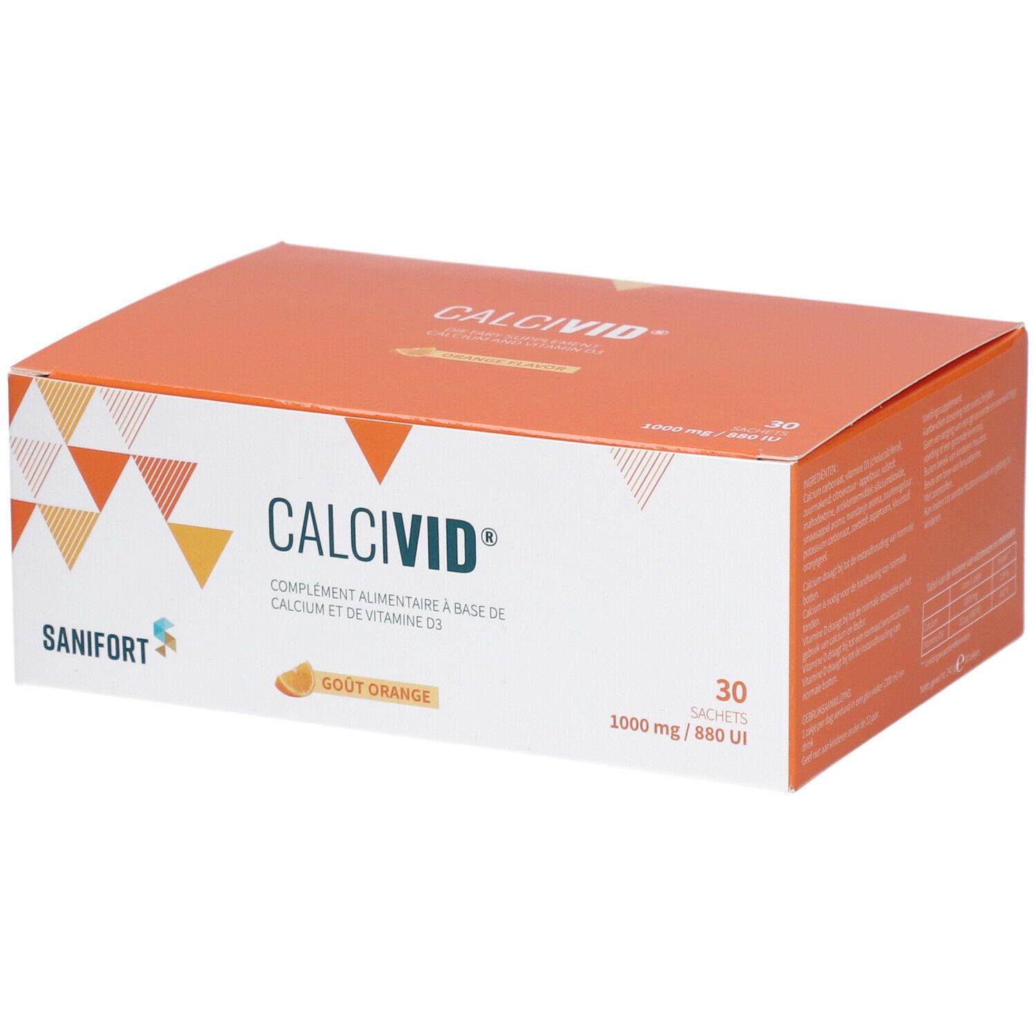Boîte orange CALCIVID avec logo et texte. Contient 30 sachets. Logo Sanifort. 1000 mg / 880 UI.