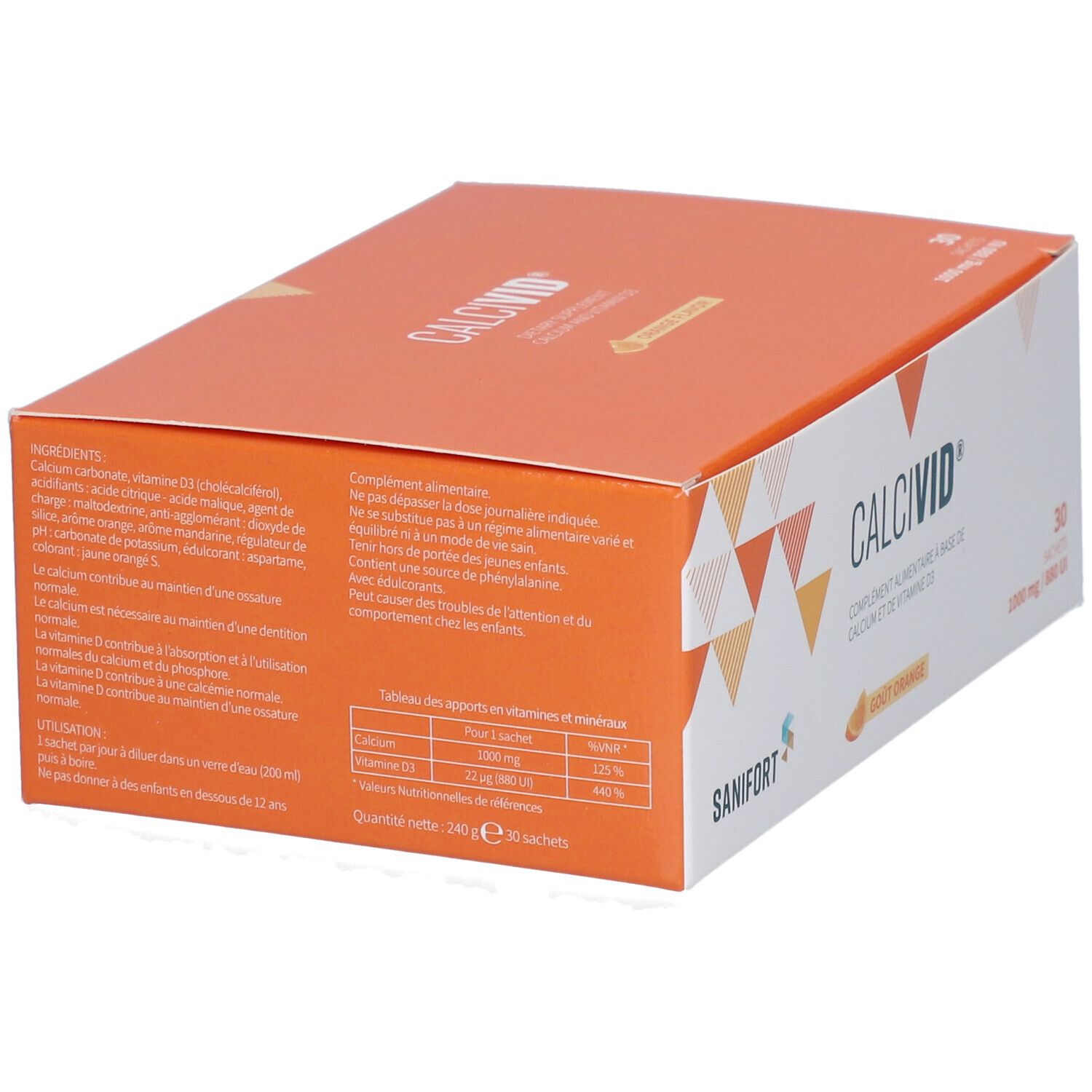 Boîte orange CALCIVID avec logo et texte. Contient 30 sachets. Logo Sanifort. Ingrédients et tableau nutritionnel.