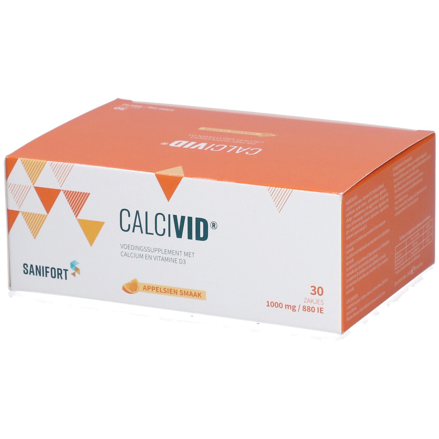 Boîte orange CALCIVID avec logo et texte. Contient 30 sachets. Logo Sanifort. 1000 mg / 880 UI.