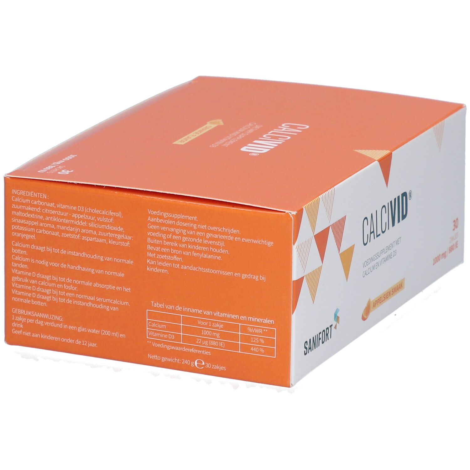 Boîte orange CALCIVID avec logo et texte. Contient 30 sachets. Logo Sanifort. Ingrédients et tableau nutritionnel.