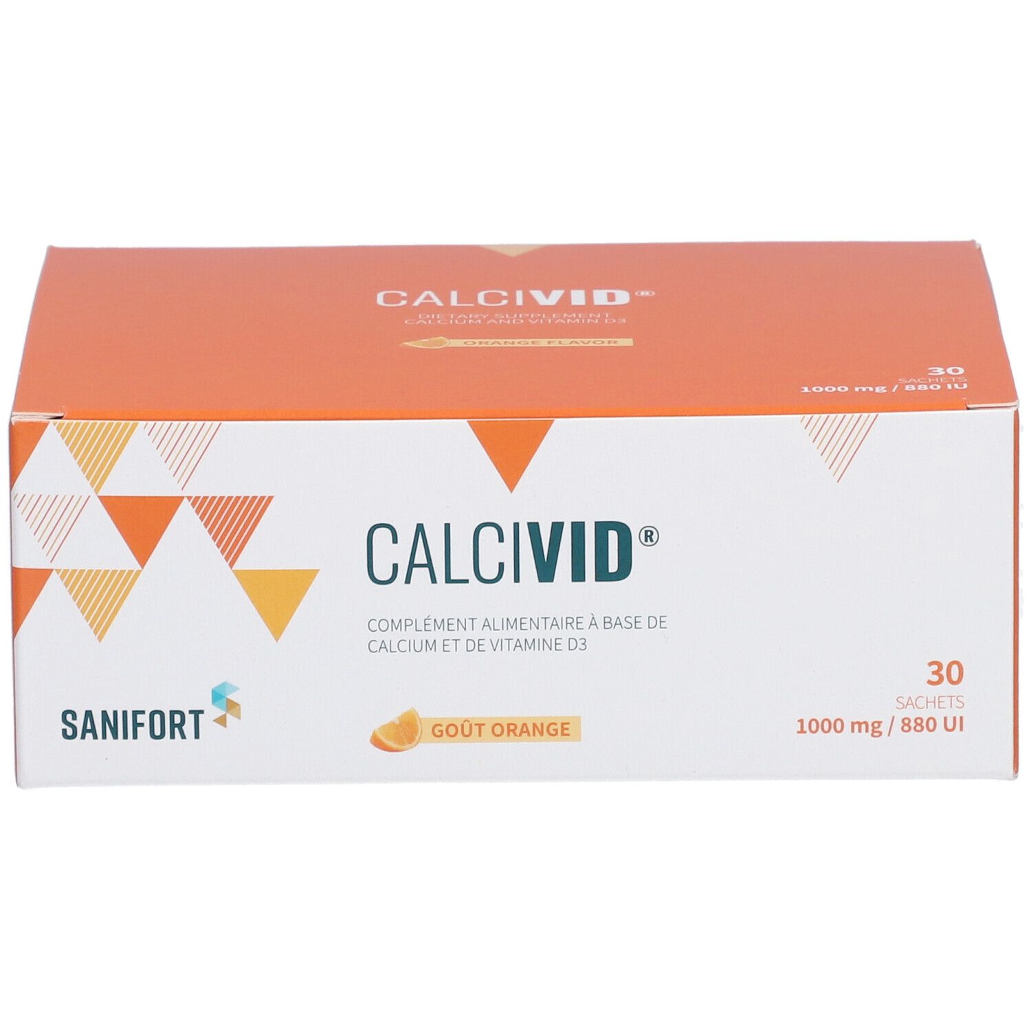 Boîte orange CALCIVID avec logo et texte. Contient 30 sachets. Logo Sanifort. 1000 mg / 880 UI.