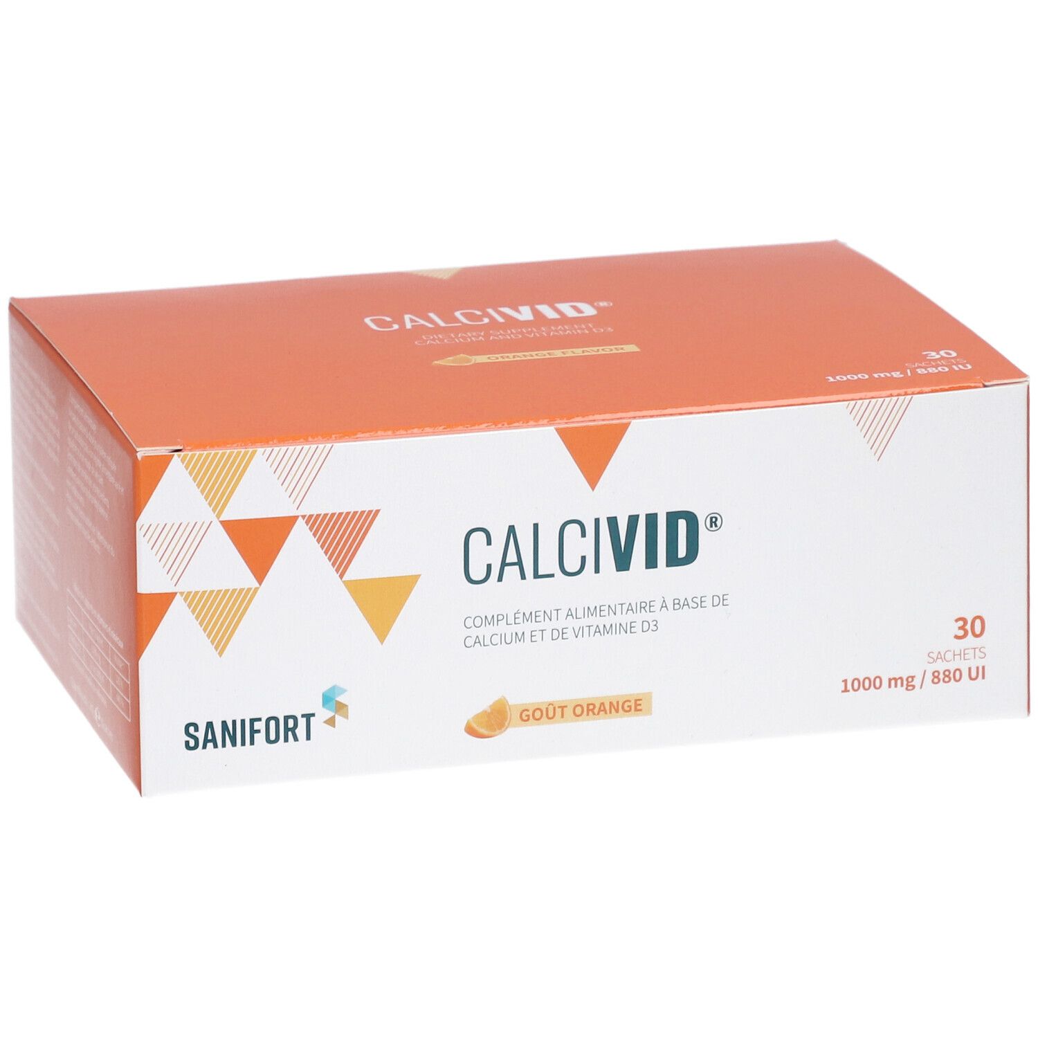 Boîte orange CALCIVID avec logo et texte. Contient 30 sachets. Logo Sanifort. 1000 mg / 880 UI.
