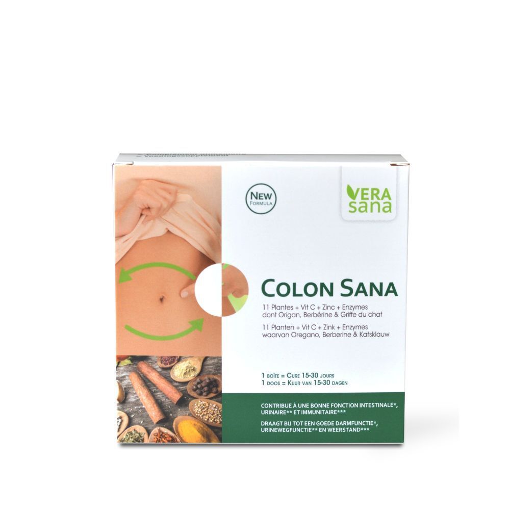 Boîte avec impression du produit. Texte : Colon Sana, Vera Sana. Illustration d'un ventre avec des flèches. Liste des ingrédients.