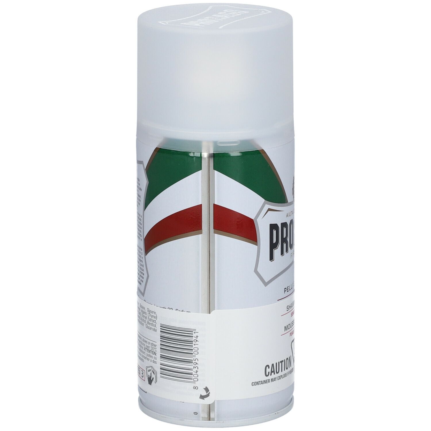 PRORASO Rasierschaum-Spray, Seitenansicht. Weißes Gehäuse mit italienischer Flagge und Logo. Sprühkopf und Metallröhrchen sichtbar.