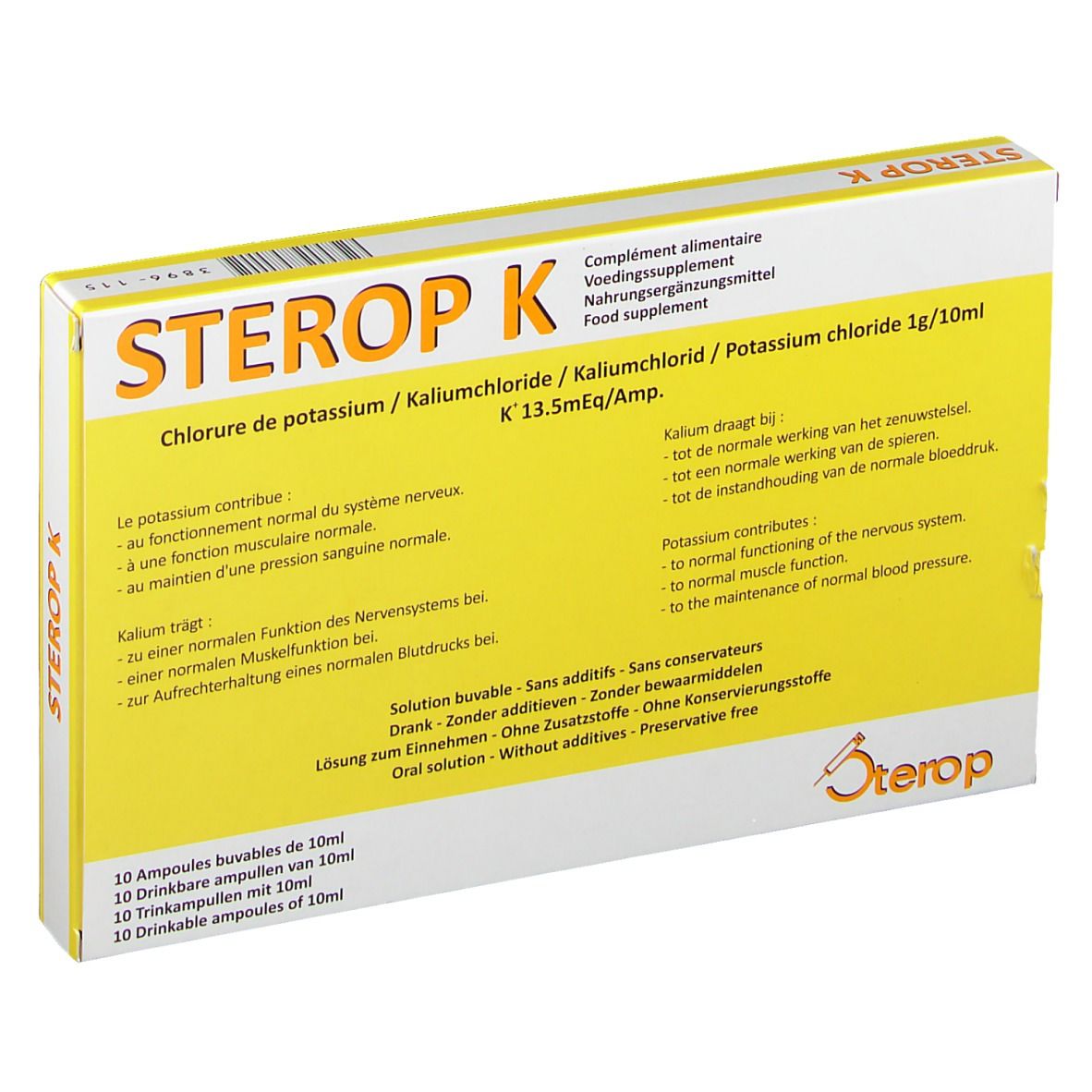 Boîte jaune "STEROP K" avec texte multilingue. Contient 10 ampoules.