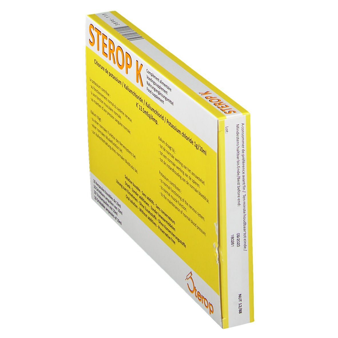 Boîte jaune "STEROP K" en angle. Texte multilingue. Logo en bas à droite.