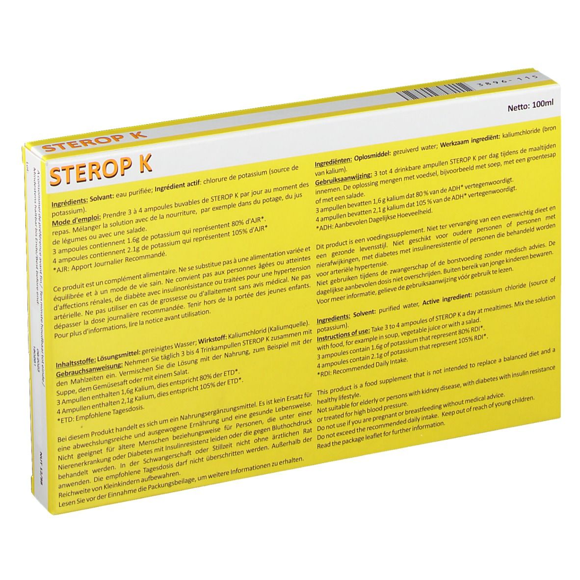 Dos de la boîte jaune "STEROP K". Texte multilingue, y compris ingrédients.