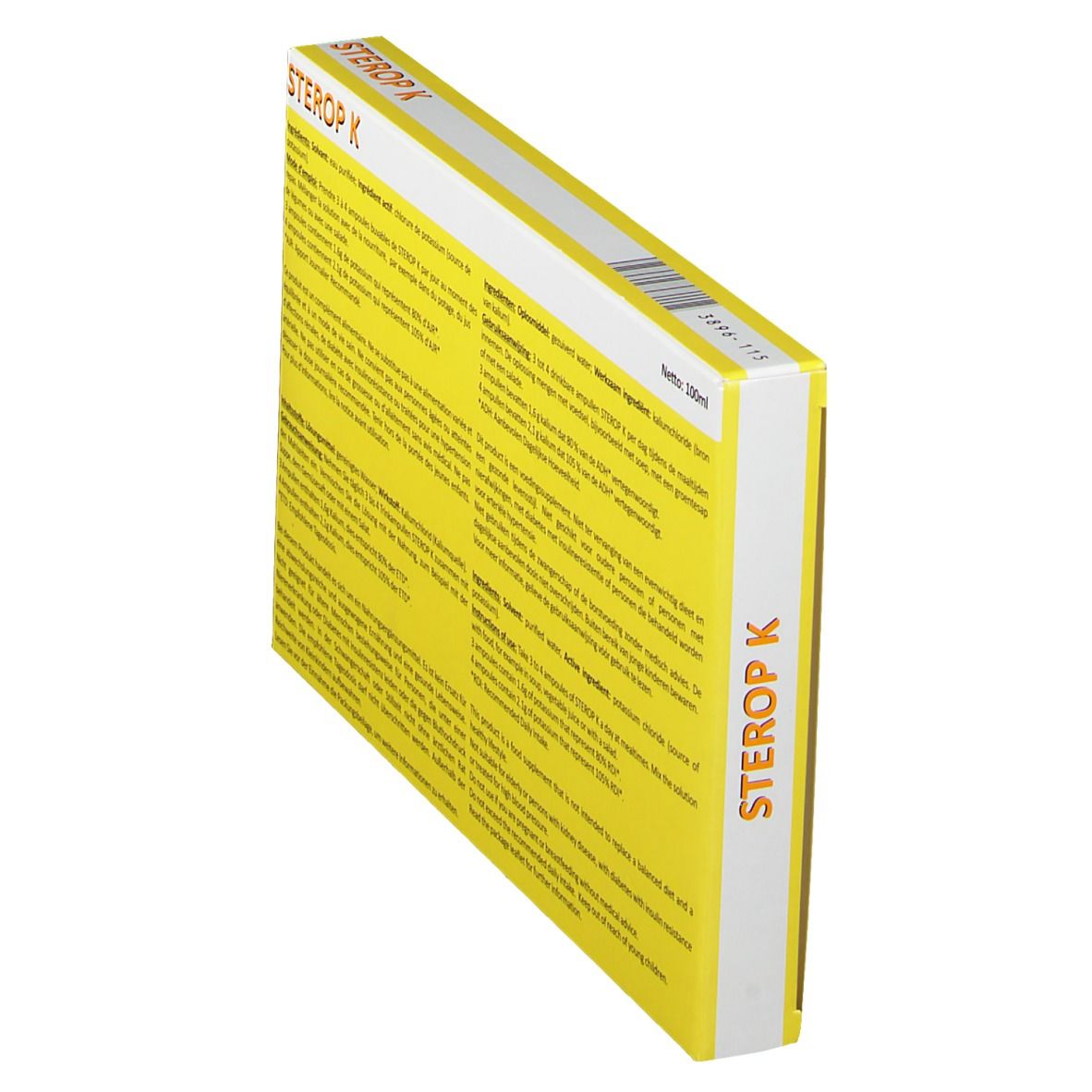 Boîte jaune "STEROP K" en angle. Texte multilingue. Logo visible.