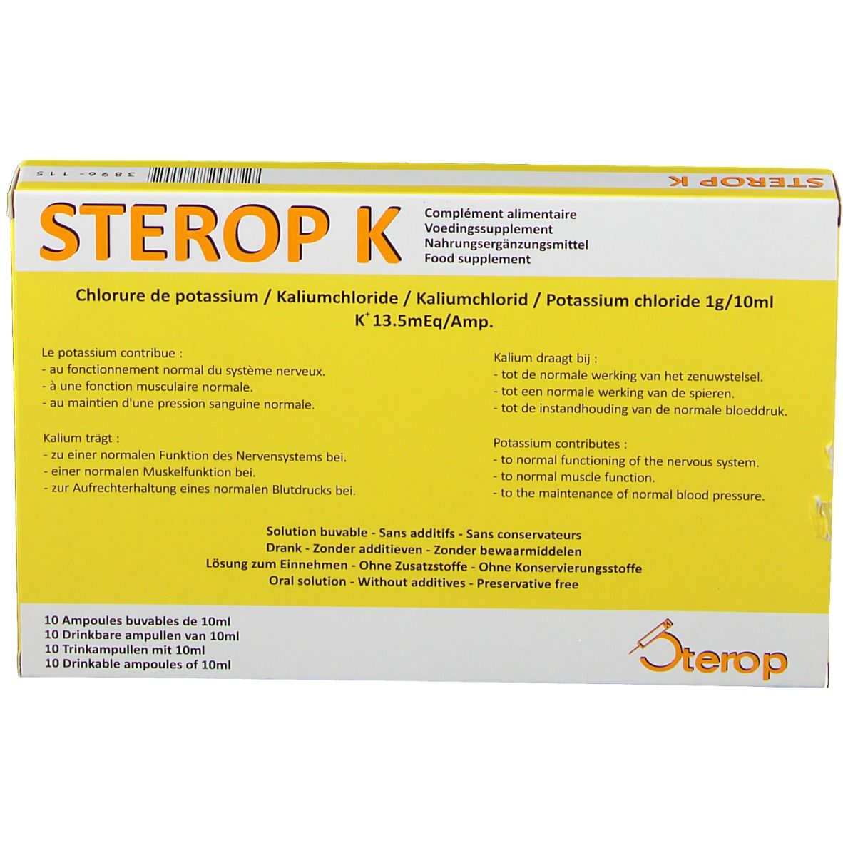 Boîte jaune "STEROP K". Texte multilingue. Indication de 10 ampoules.