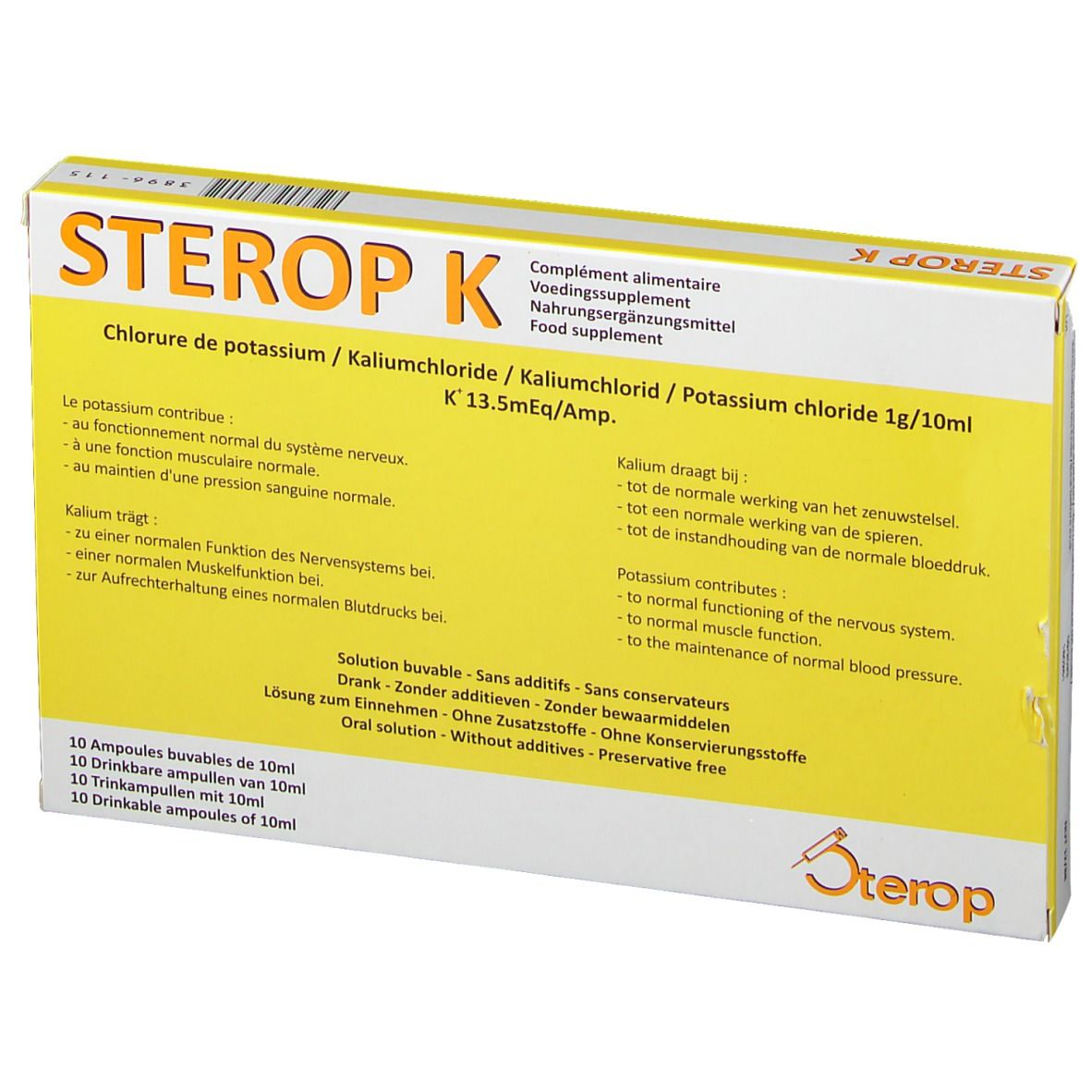 Boîte jaune "STEROP K". Texte multilingue. Indication de 10 ampoules.