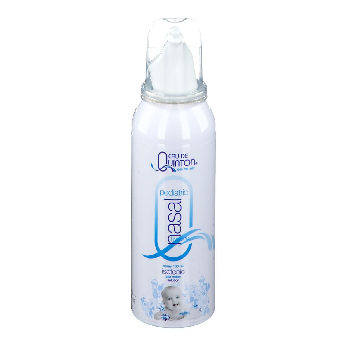 Flacon de spray nasal blanc avec embout. Inscription : Eau de Quinton, pediatric nasal, isotonique. Illustration d'un bébé.