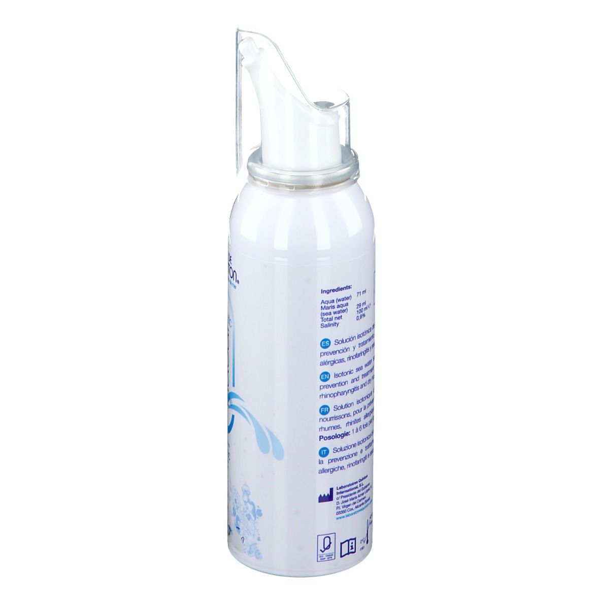 Flacon de spray nasal blanc. Inscription : Eau de Quinton. Texte en plusieurs langues. Illustrations d'instructions d'utilisation.