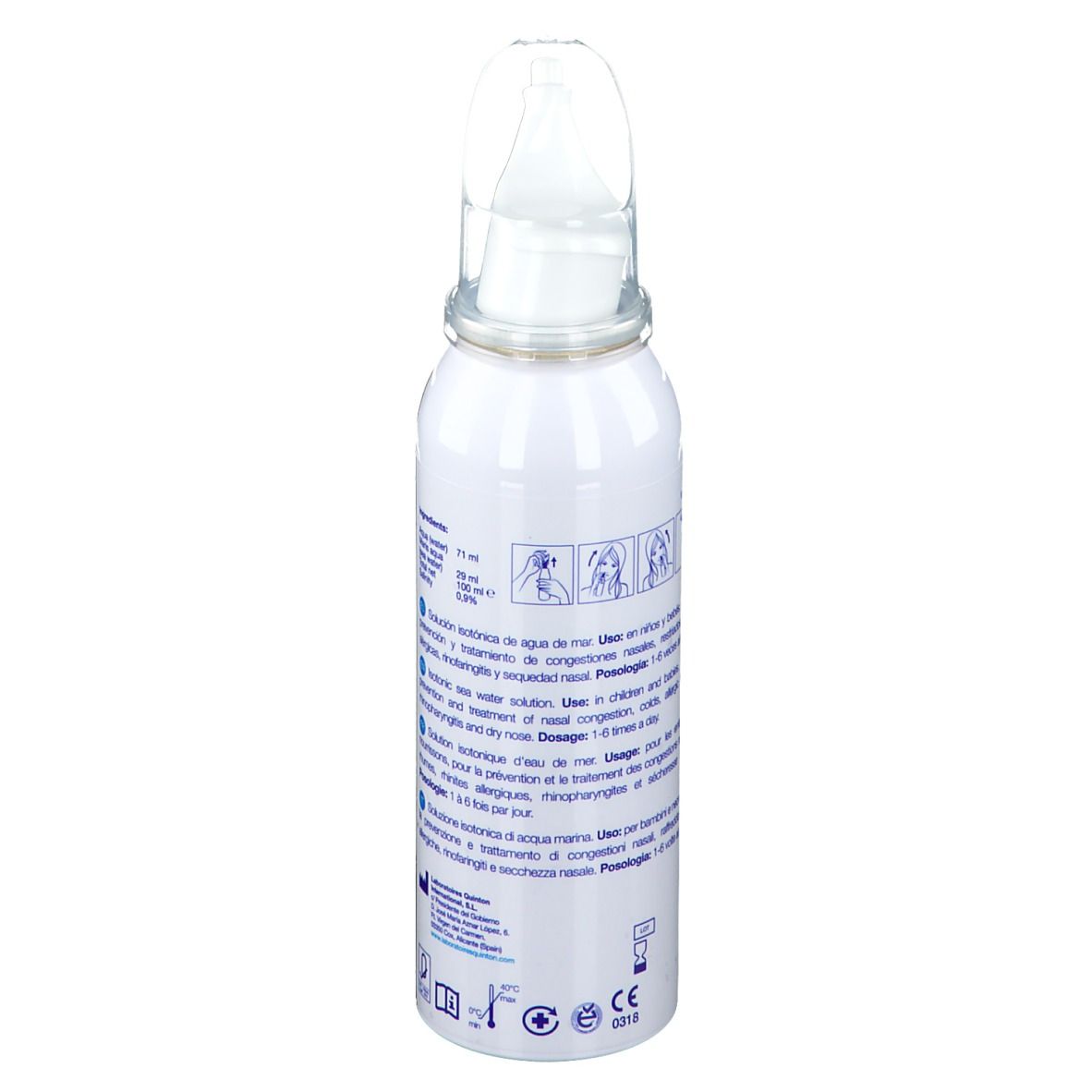 Flacon de spray nasal blanc. Inscription : Eau de Quinton. Texte en plusieurs langues. Illustrations d'instructions d'utilisation.