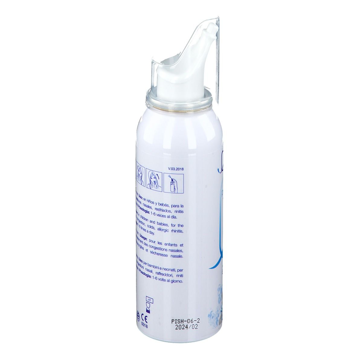 Flacon de spray nasal blanc. Inscription : Eau de Quinton. Texte en plusieurs langues. Illustrations d'instructions d'utilisation.
