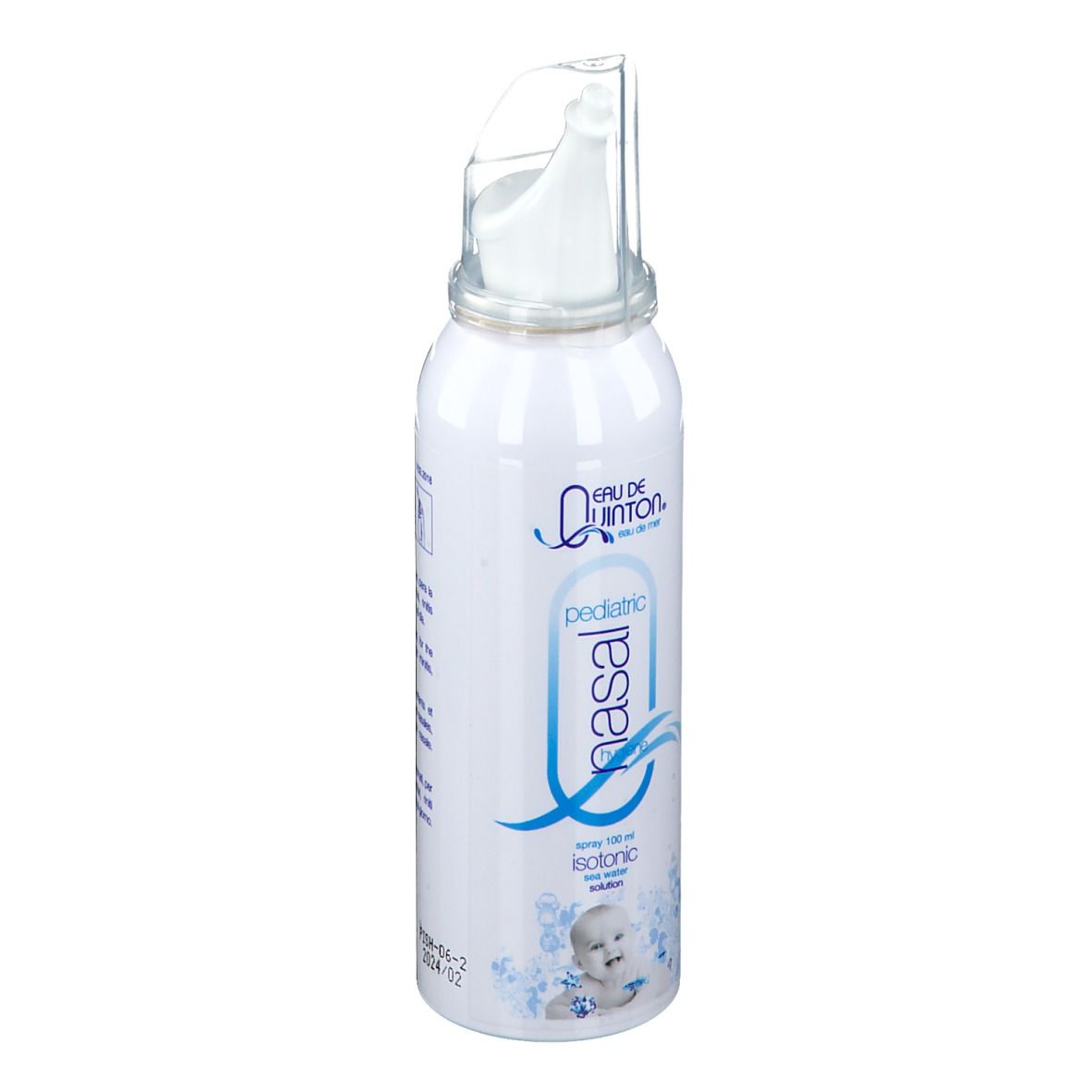 Flacon de spray nasal blanc avec embout. Inscription : Eau de Quinton, pediatric nasal, isotonique. Illustration d'un bébé.