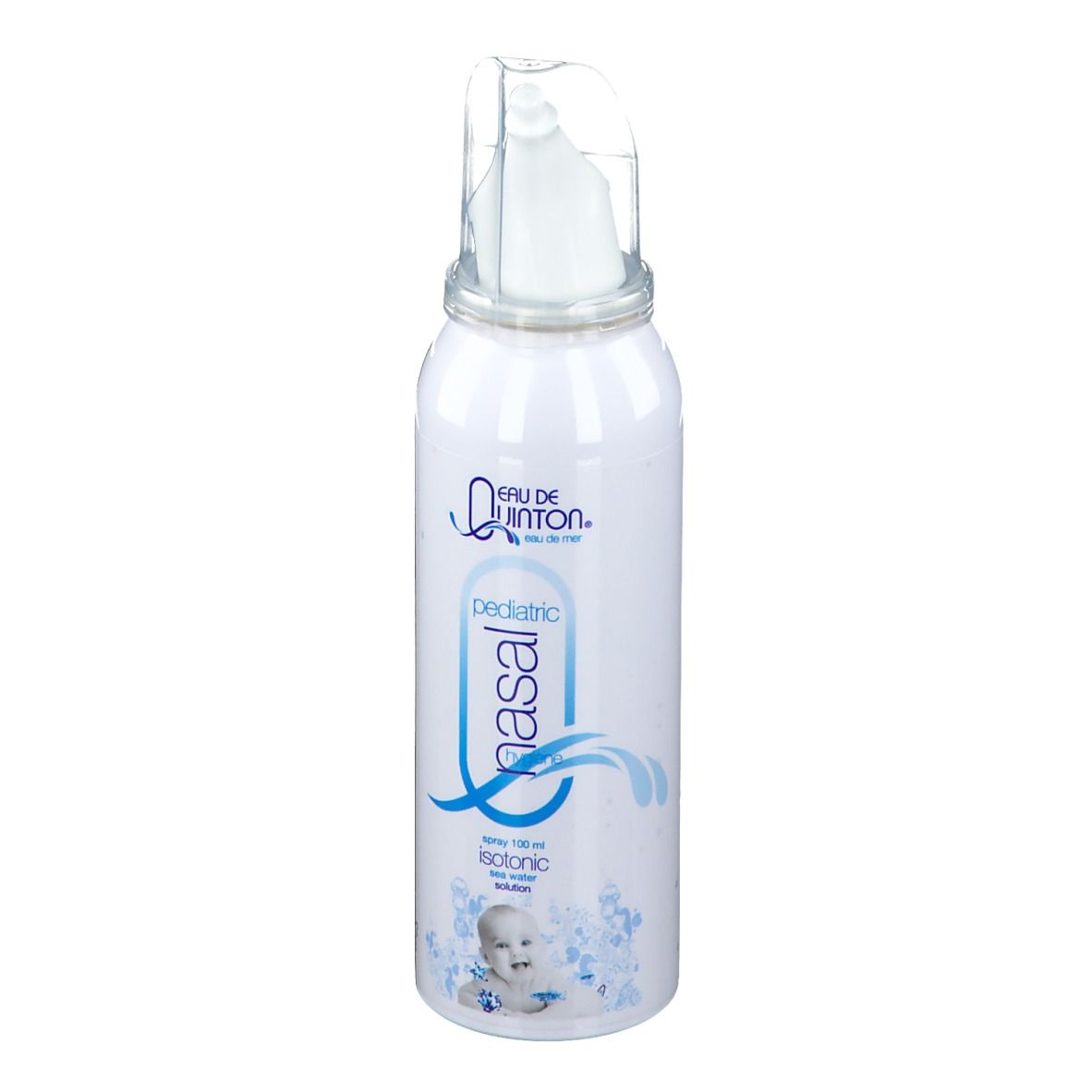 Flacon de spray nasal blanc avec embout. Inscription : Eau de Quinton, pediatric nasal, isotonique. Illustration d'un bébé.