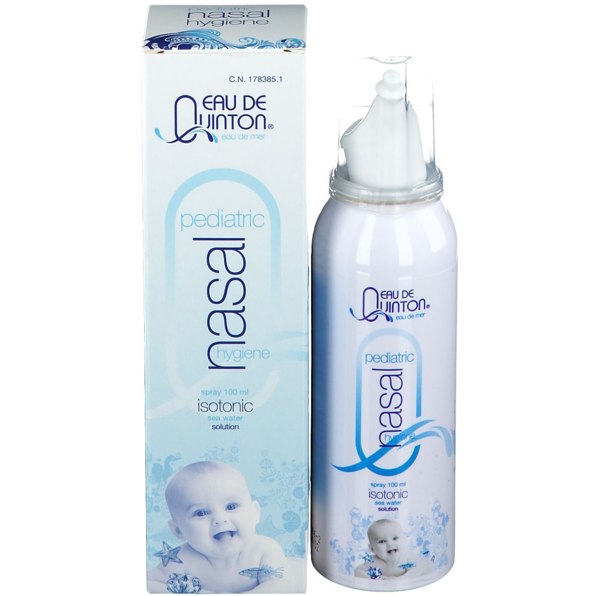 Flacon de spray nasal et emballage. Inscription : Eau de Quinton, pediatric nasal, isotonique. Illustration d'un bébé. Emballage bleu et blanc.