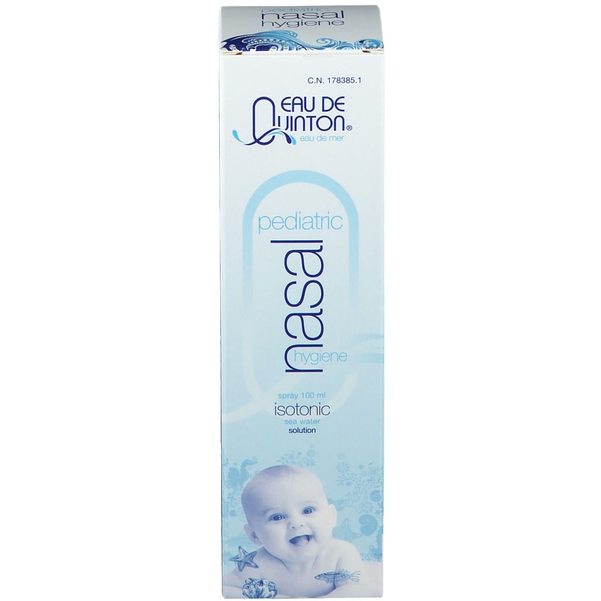 Emballage pour spray nasal. Inscription : Eau de Quinton, pediatric nasal, isotonique. Illustration d'un bébé. Emballage bleu et blanc.