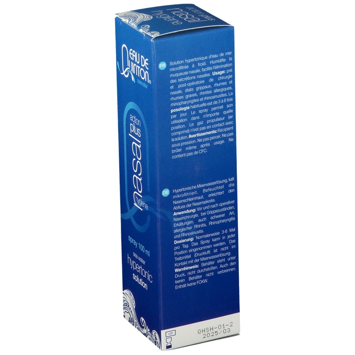 Blauwe verpakking met productinformatie. Tekst in het Duits. Bevat informatie over gebruik en dosering. Merk: Eau de Quinton.