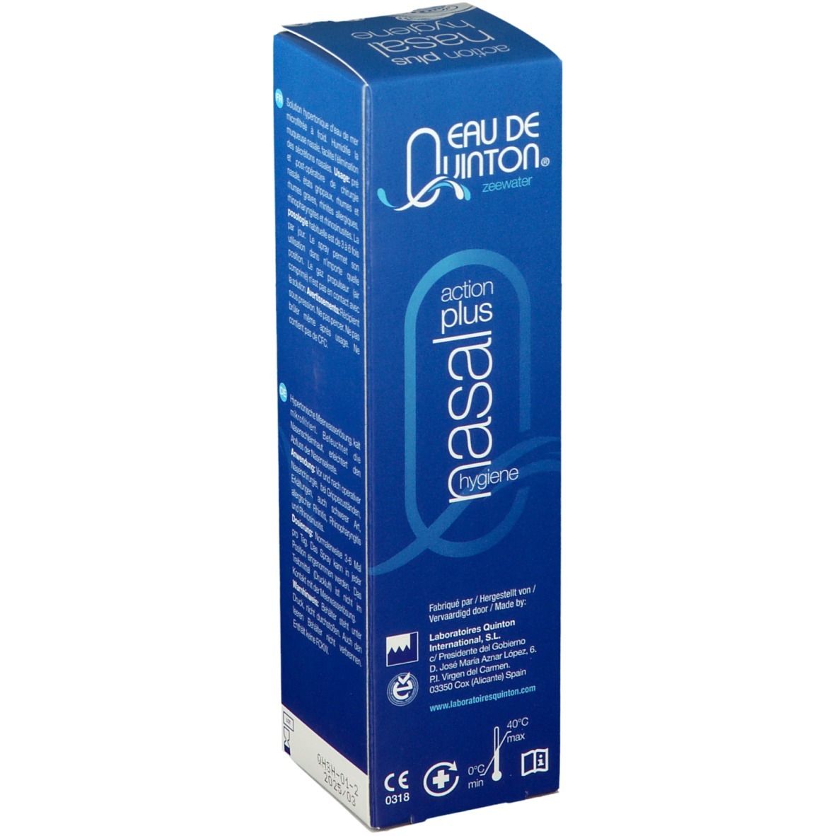 Blauwe verpakking met productinformatie. Bevat informatie over fabrikant en certificeringen. Merk: Eau de Quinton.