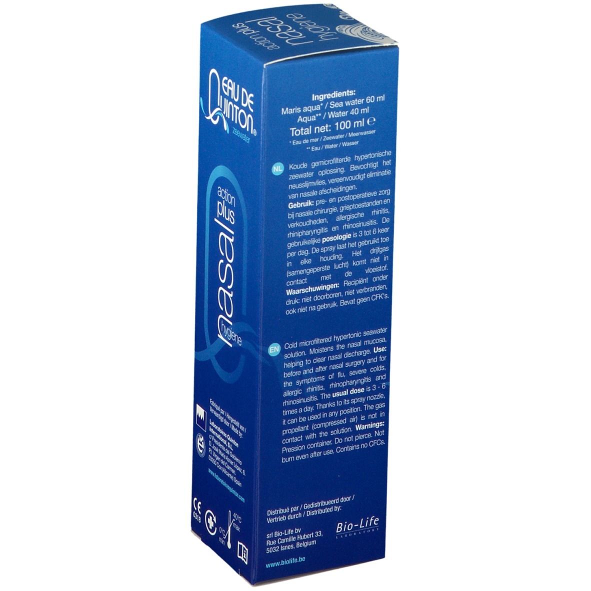Blauwe verpakking met productinformatie. Bevat informatie over ingrediënten en gebruik. Merk: Eau de Quinton.