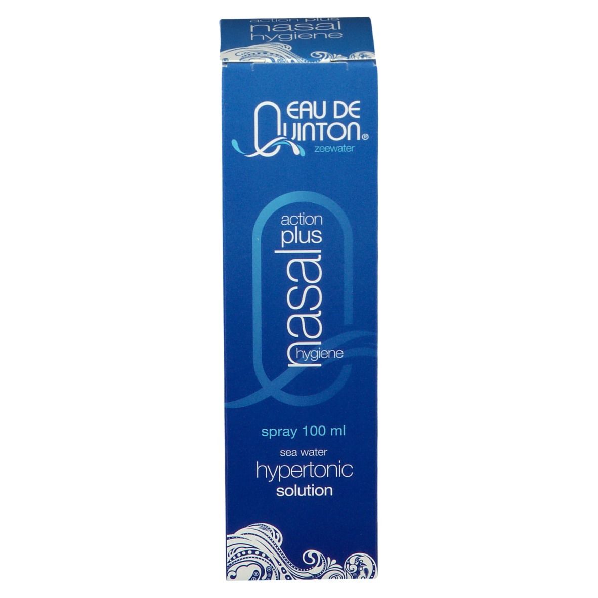 Blauwe verpakking met productnaam en tekst. Merk: Eau de Quinton. Bevat informatie over productnaam en ingrediënten.