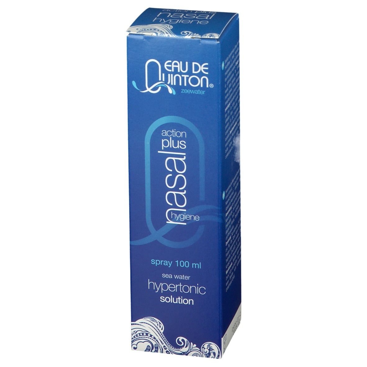 Blauwe verpakking met productnaam en tekst. Merk: Eau de Quinton. Bevat informatie over productnaam en ingrediënten.