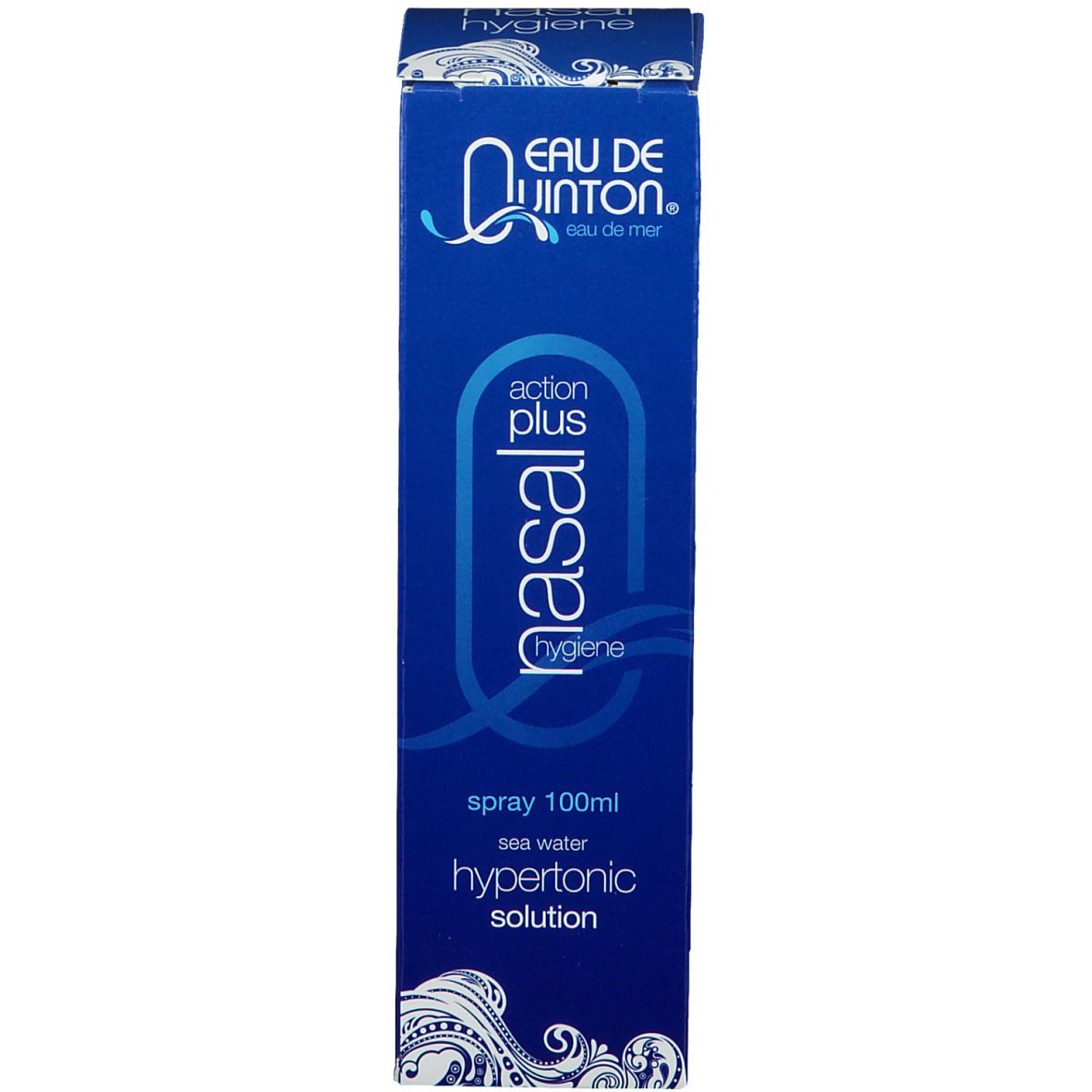 Blauwe verpakking met productnaam en tekst. Merk: Eau de Quinton. Bevat informatie over productnaam en ingrediënten.
