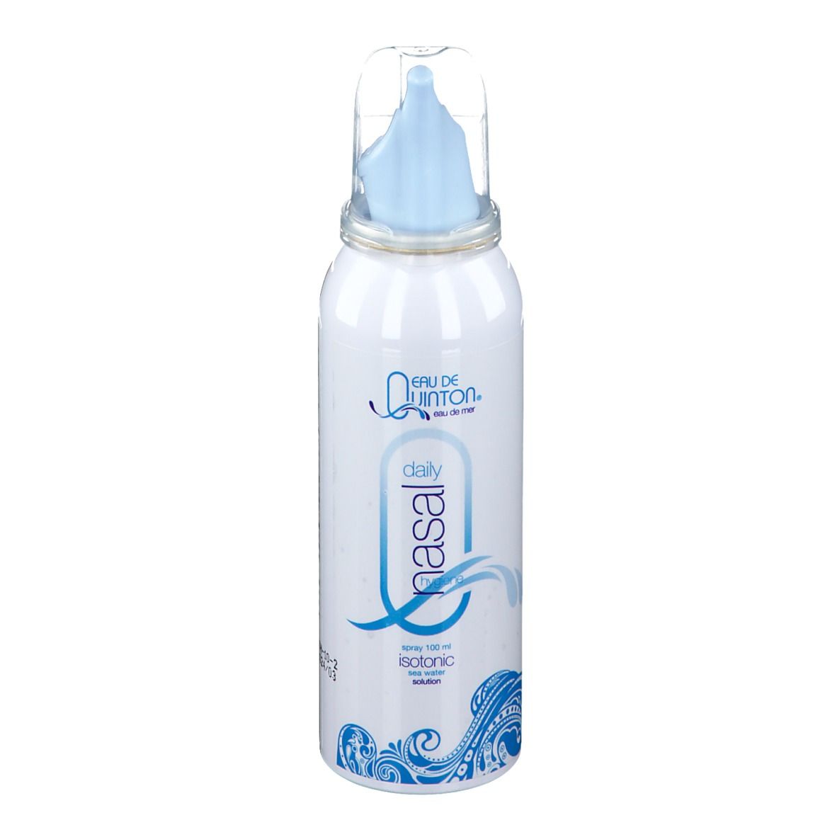 Flacon spray blanc avec embout bleu. Inscription: Eau de Quinton, daily nasal, isotonique.