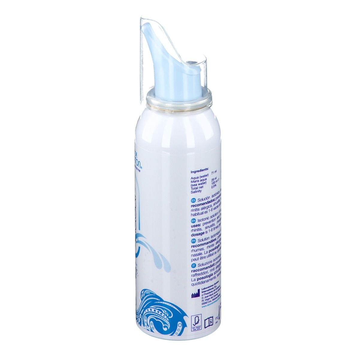 Vue arrière du flacon spray blanc. Texte: Ingrédients, solution pour le rhume.