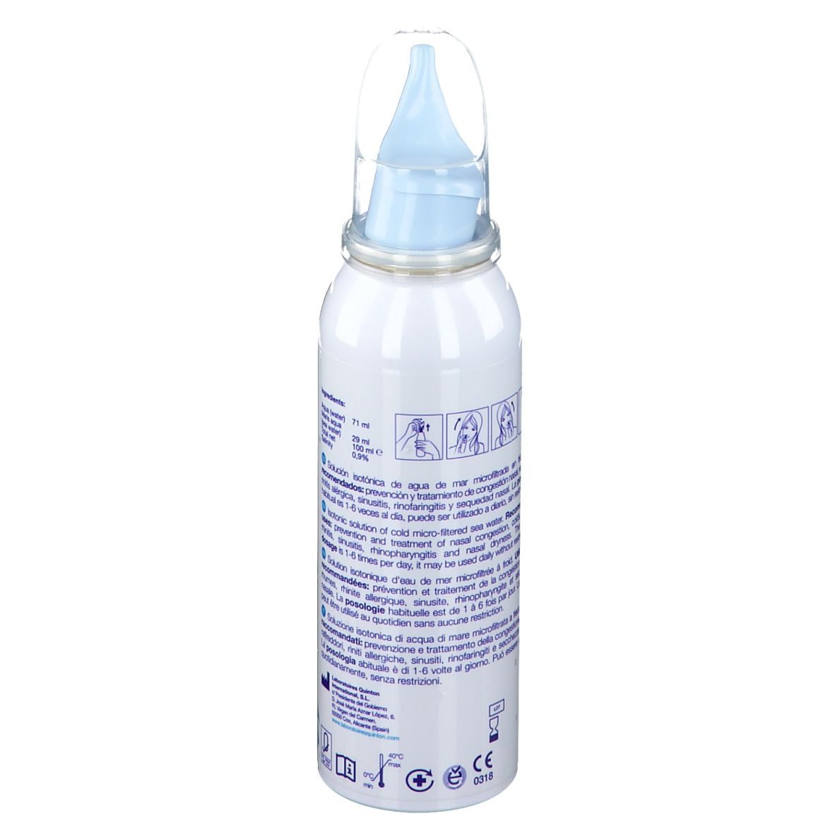Flacon spray blanc avec embout bleu. Texte: Solution pour le rhume, 75 ml.