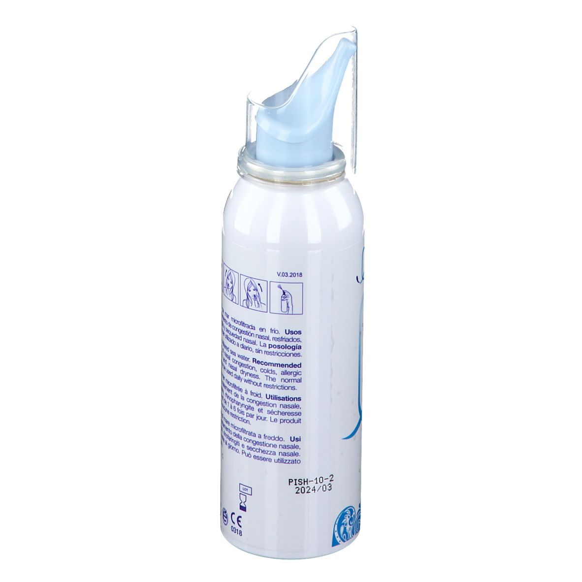 Flacon spray blanc avec embout bleu. Texte: Recommandé pour le nez bouché, rhume.