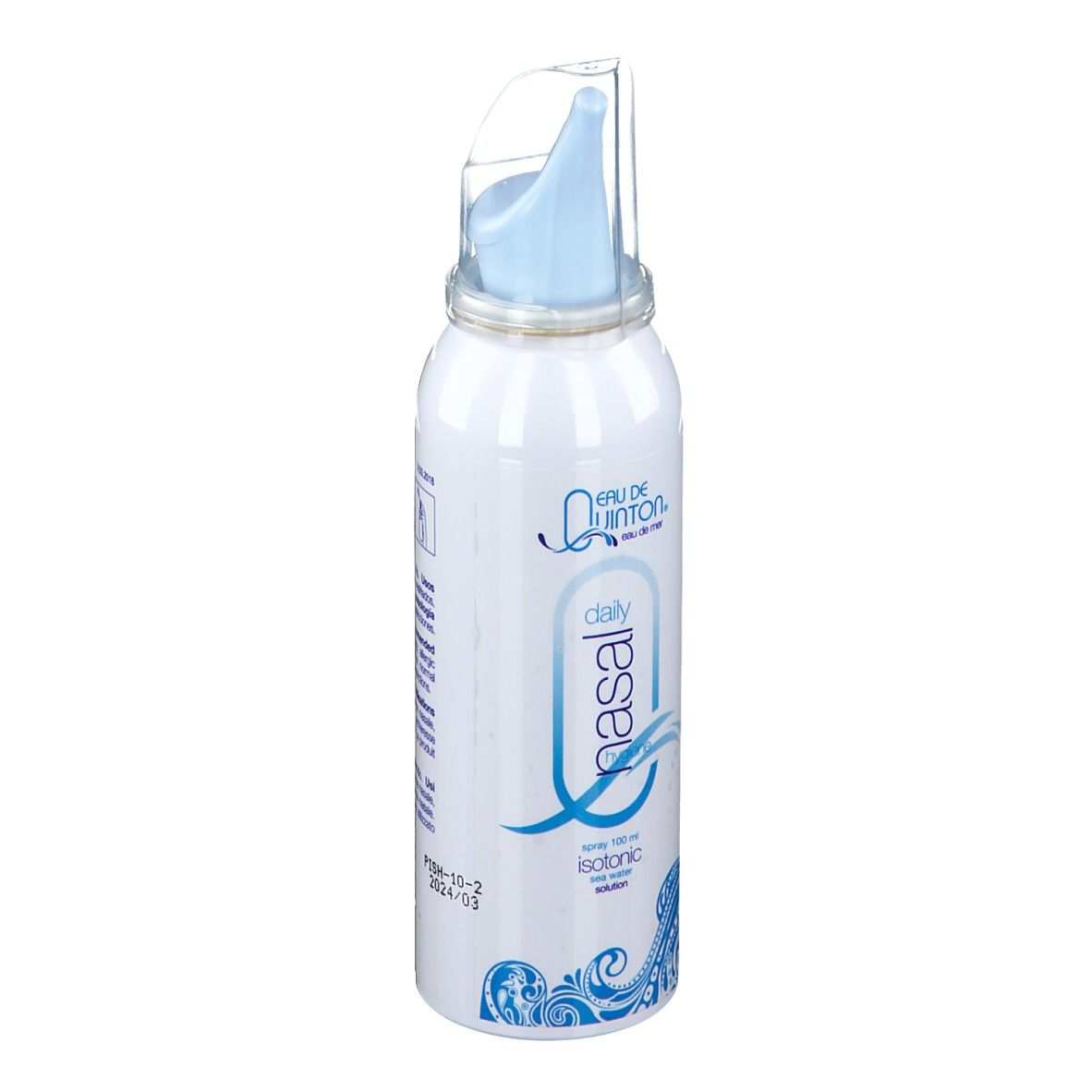 Flacon spray blanc avec embout bleu. Inscription: Eau de Quinton, daily nasal, isotonique.