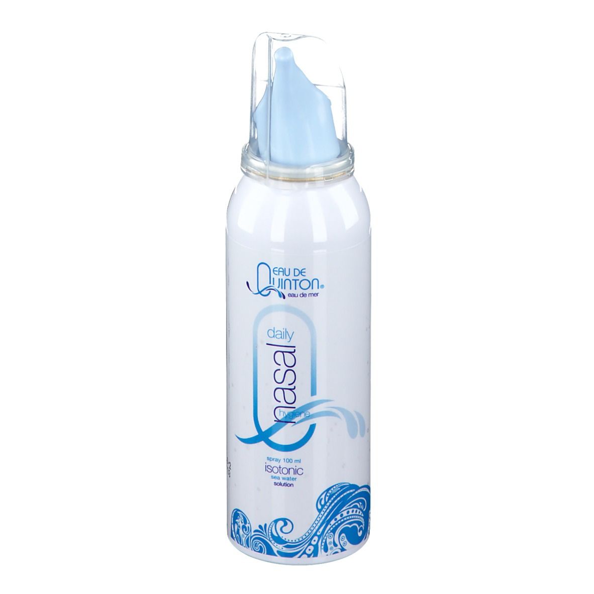 Flacon spray blanc avec embout bleu. Inscription: Eau de Quinton, daily nasal, isotonique.