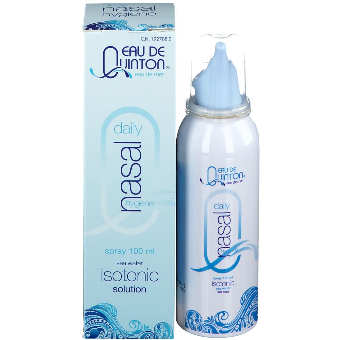 Emballage du produit avec flacon spray. Inscription: Eau de Quinton, daily nasal, isotonique, 100 ml.