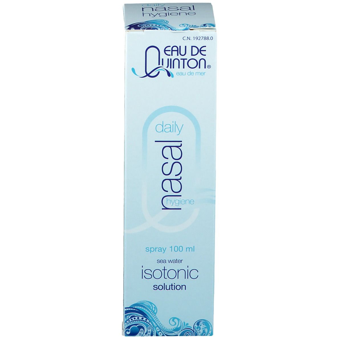 Emballage du produit. Inscription: Eau de Quinton, daily nasal, isotonique, 100 ml.
