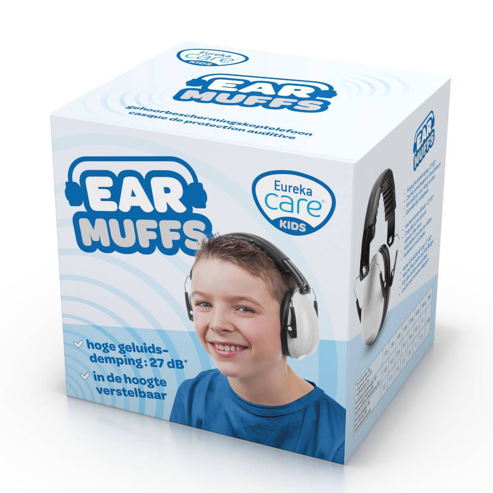 Boîte de protection auditive pour enfants. Marque: Eureka care. Inscription: Ear Muffs, atténuation 27 dB, réglable.