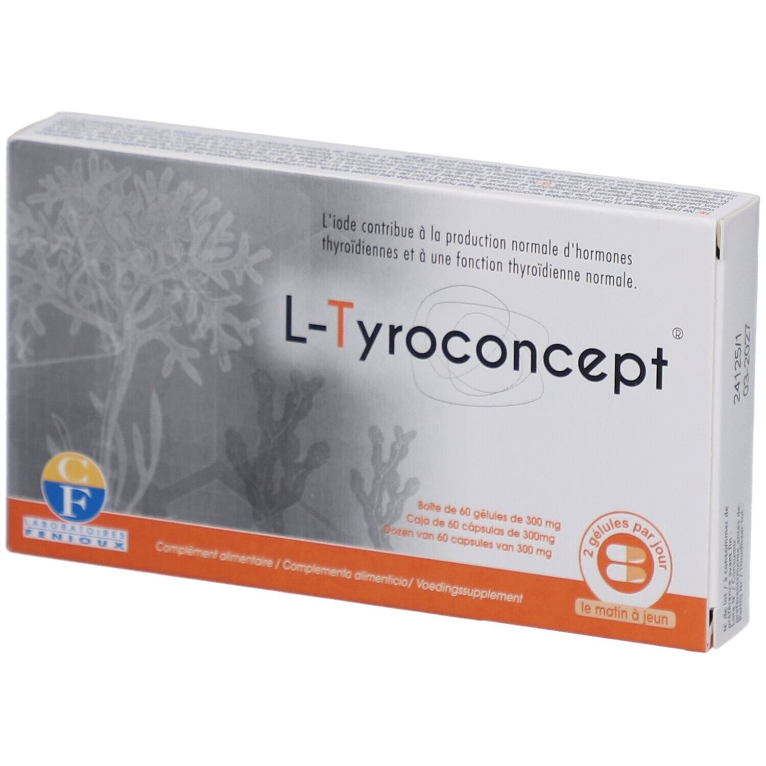 Doosje L-Tyroconcept capsules. Opschrift: L-Tyroconcept, 60 capsules van 300 mg. Merk Fenioux.