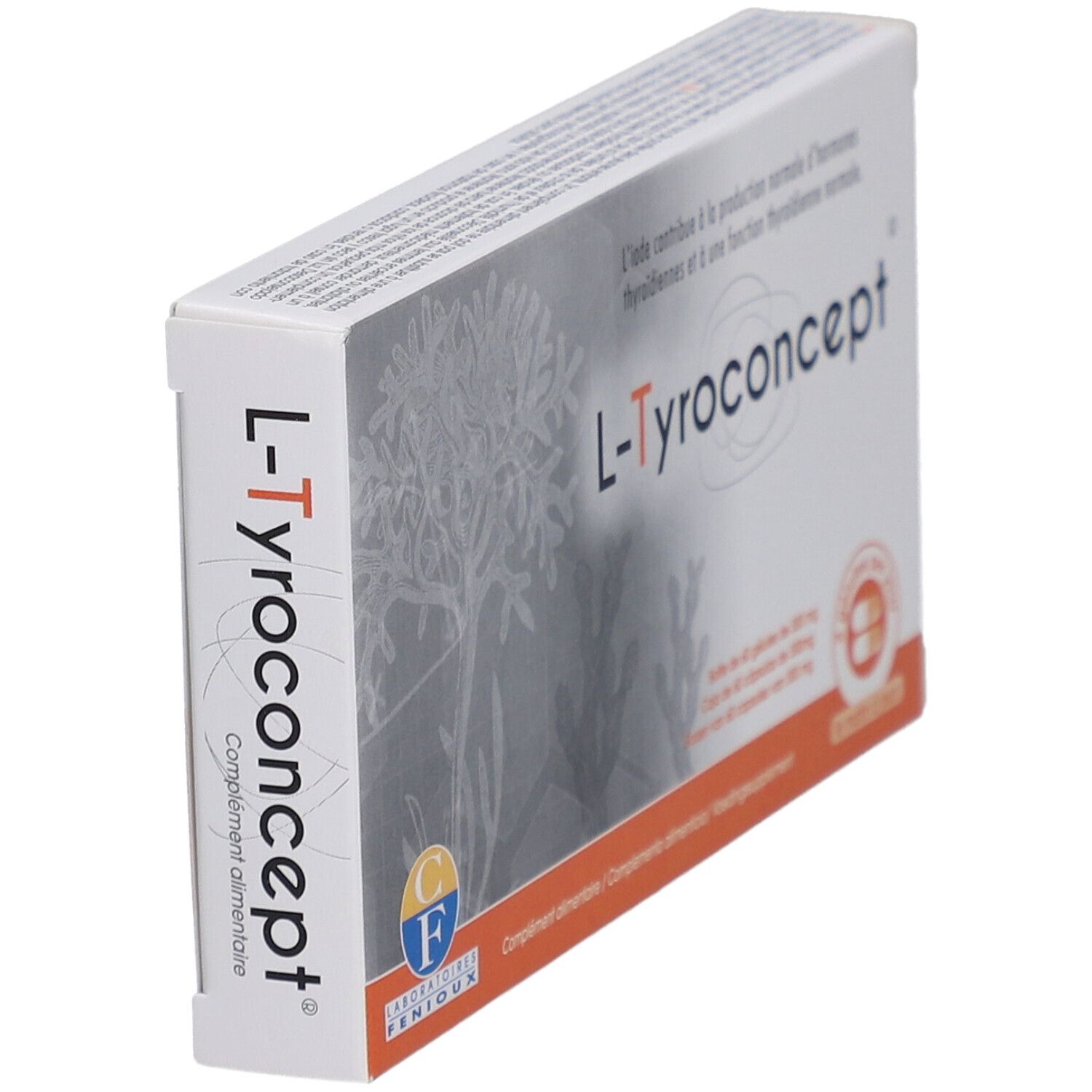 Schuine weergave van de L-Tyroconcept capsuleverpakking. Opschrift: L-Tyroconcept. Merk Fenioux. Voedingssupplement.