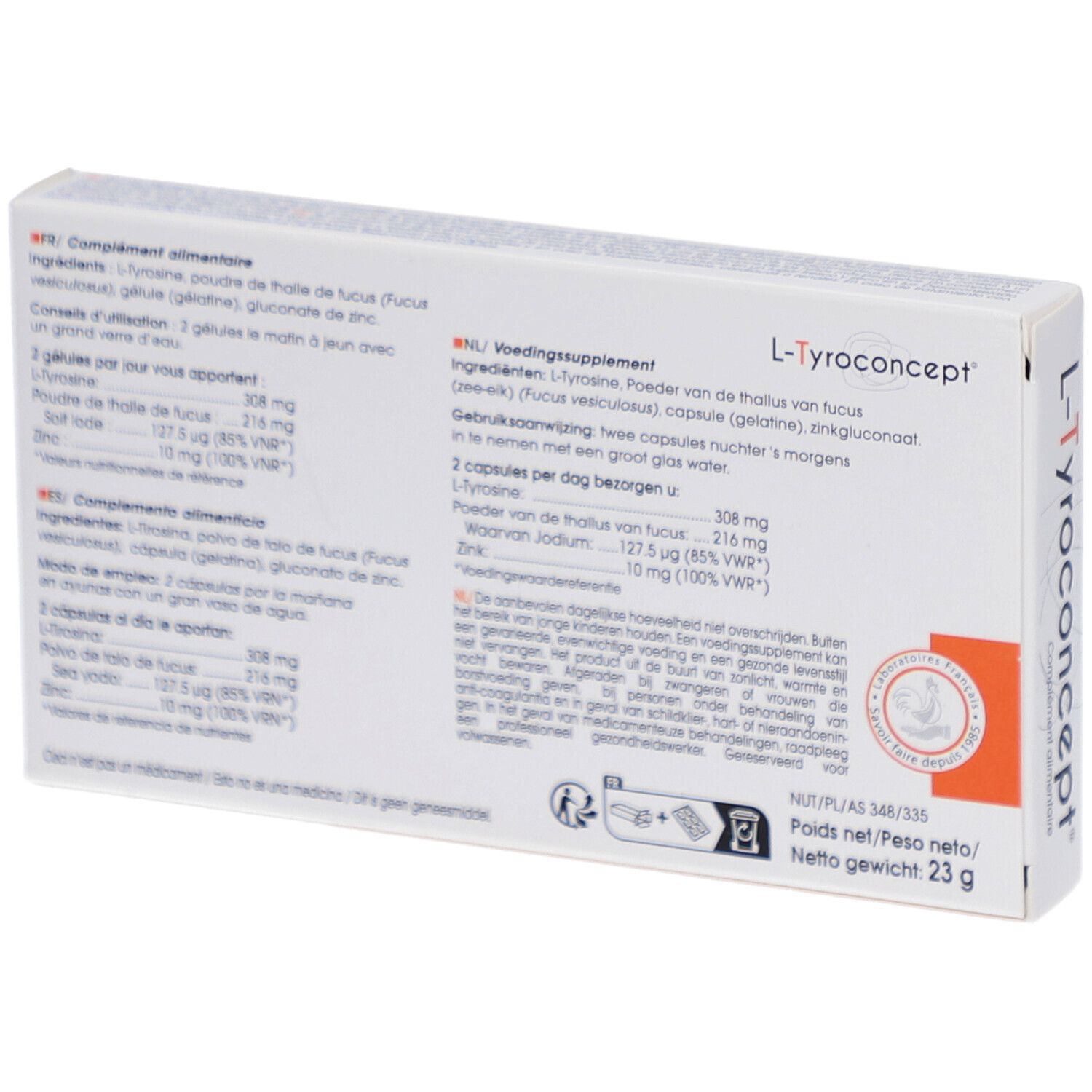 Achterkant van de L-Tyroconcept capsuleverpakking. Ingrediëntenlijst, dosering. Nettogewicht 23g. Merk Fenioux.