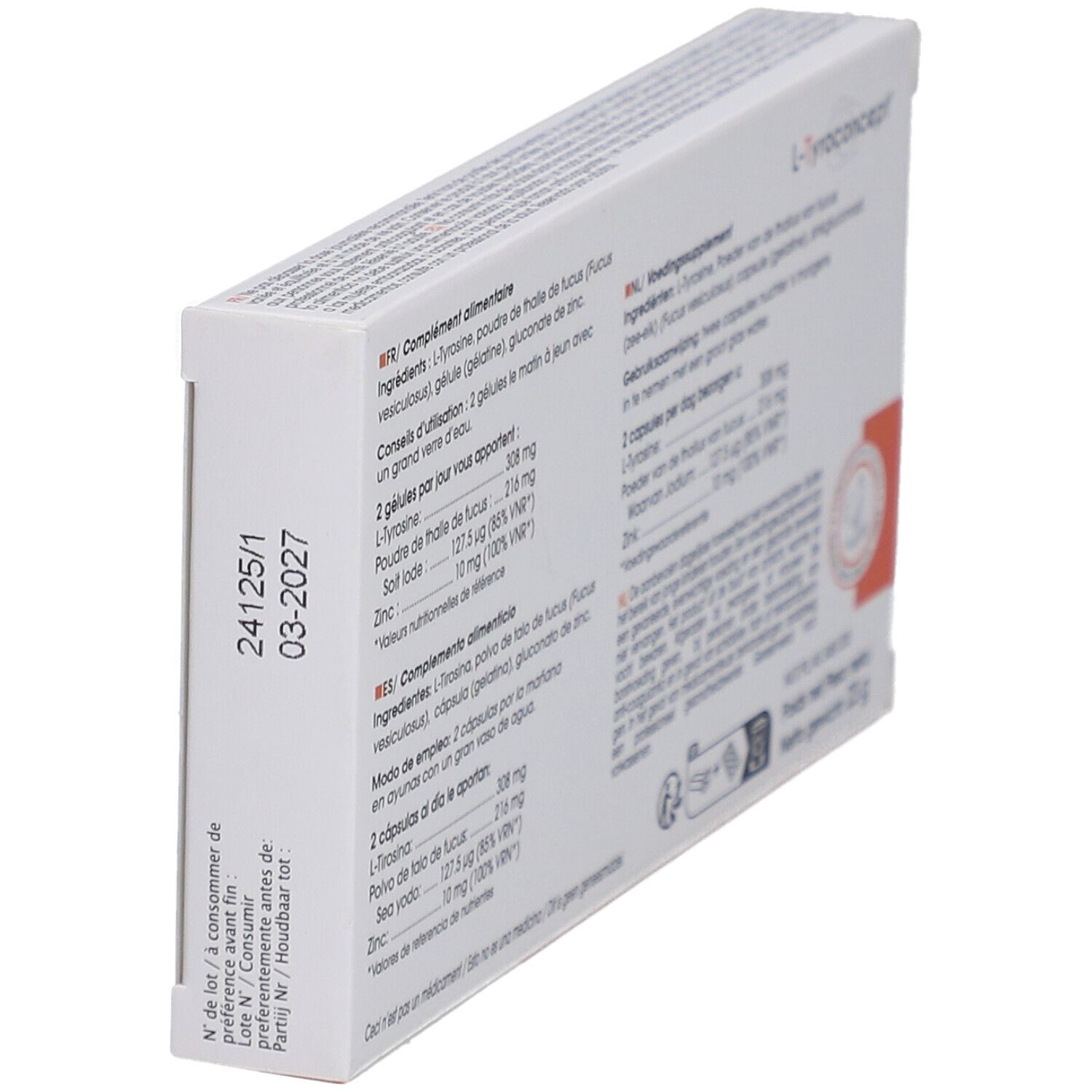 Achterkant van de L-Tyroconcept capsuleverpakking. Ingrediëntenlijst, dosering. Houdbaarheidsdatum. Merk Fenioux.
