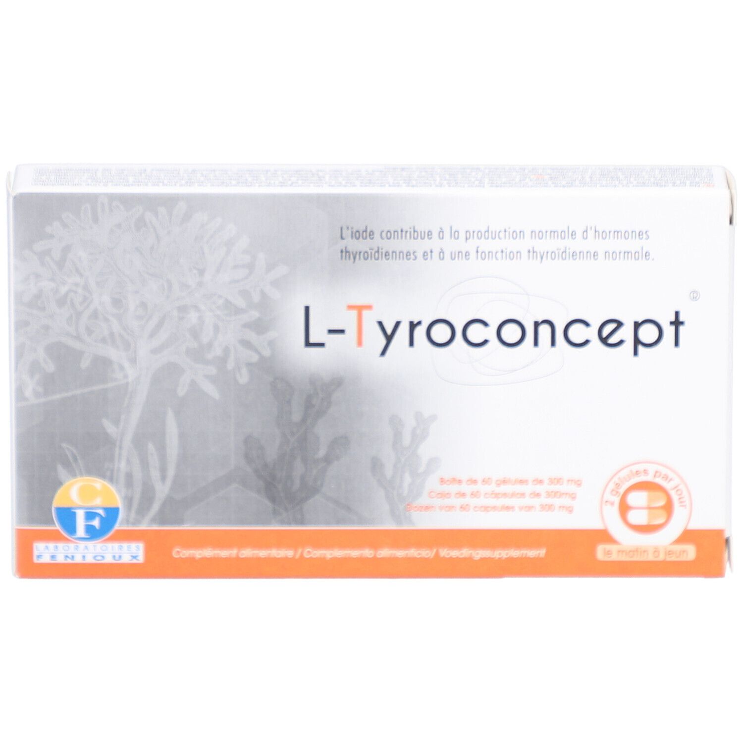 Doosje L-Tyroconcept capsules. Opschrift: L-Tyroconcept, 60 capsules van 300 mg. Merk Fenioux.