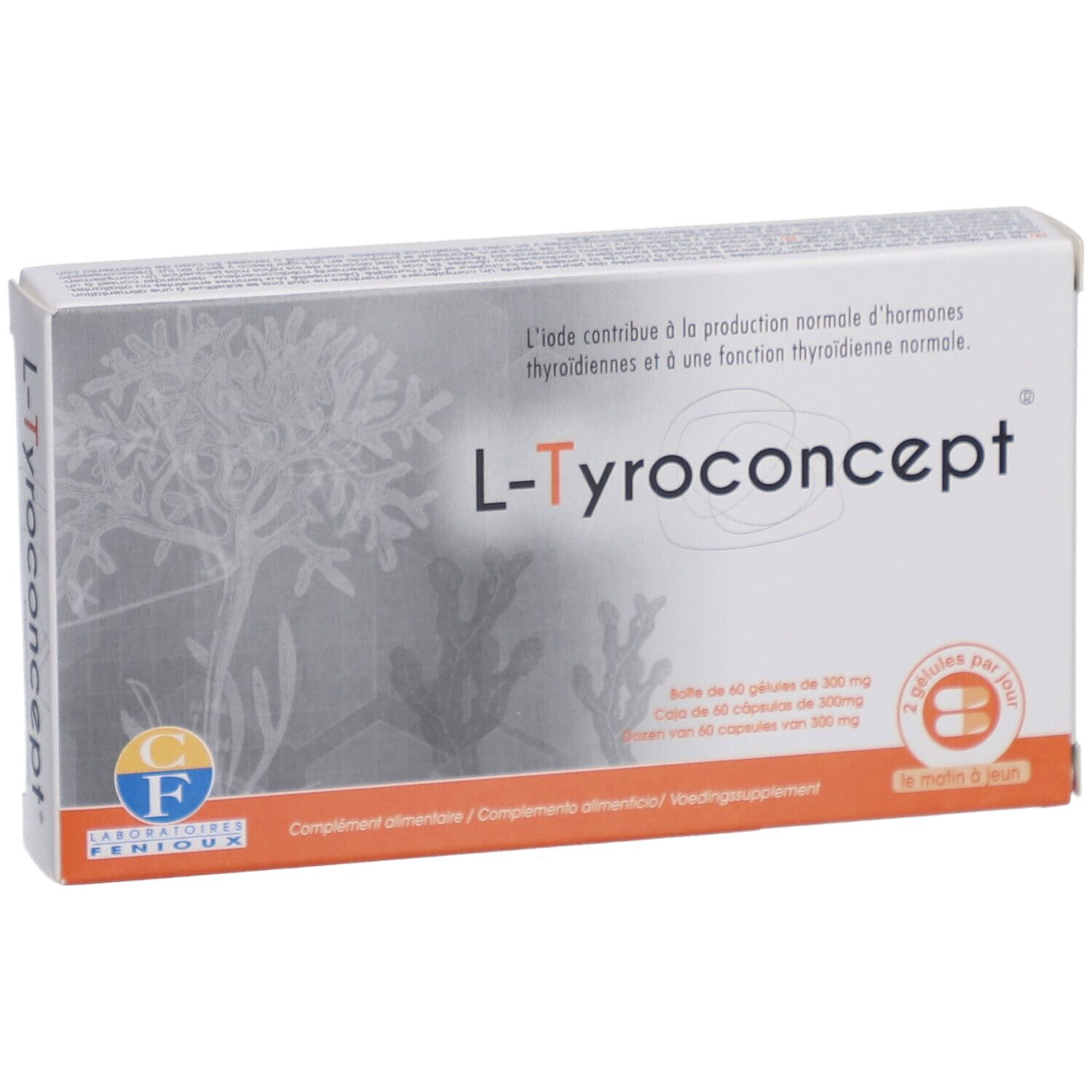 Doosje L-Tyroconcept capsules. Opschrift: L-Tyroconcept, 60 capsules van 300 mg. Merk Fenioux.