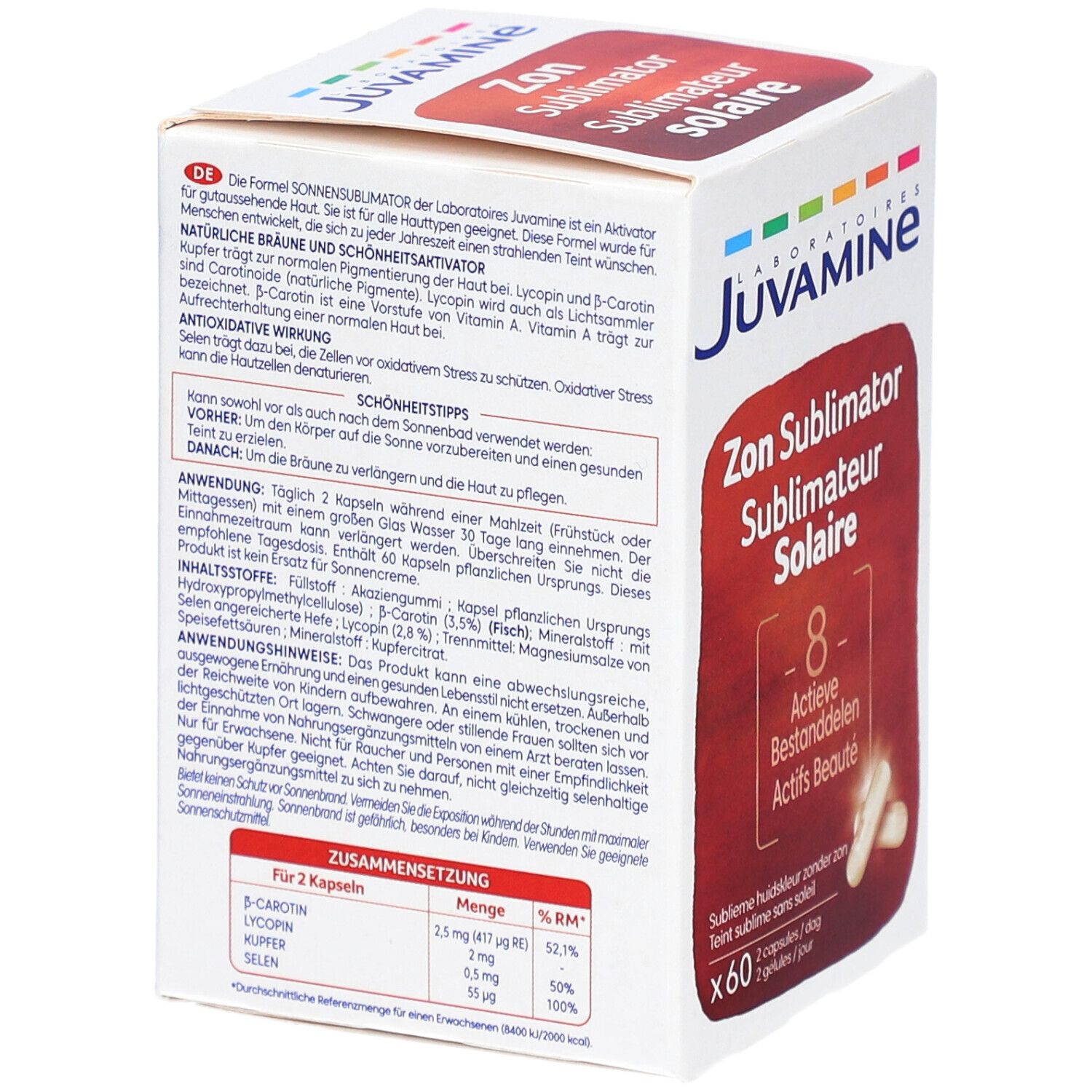 Doosje Juvamine Zon Sublimator Solaire met tekst. 8 Actieve Bestanddelen. 60 capsules. Tekst in het Nederlands.